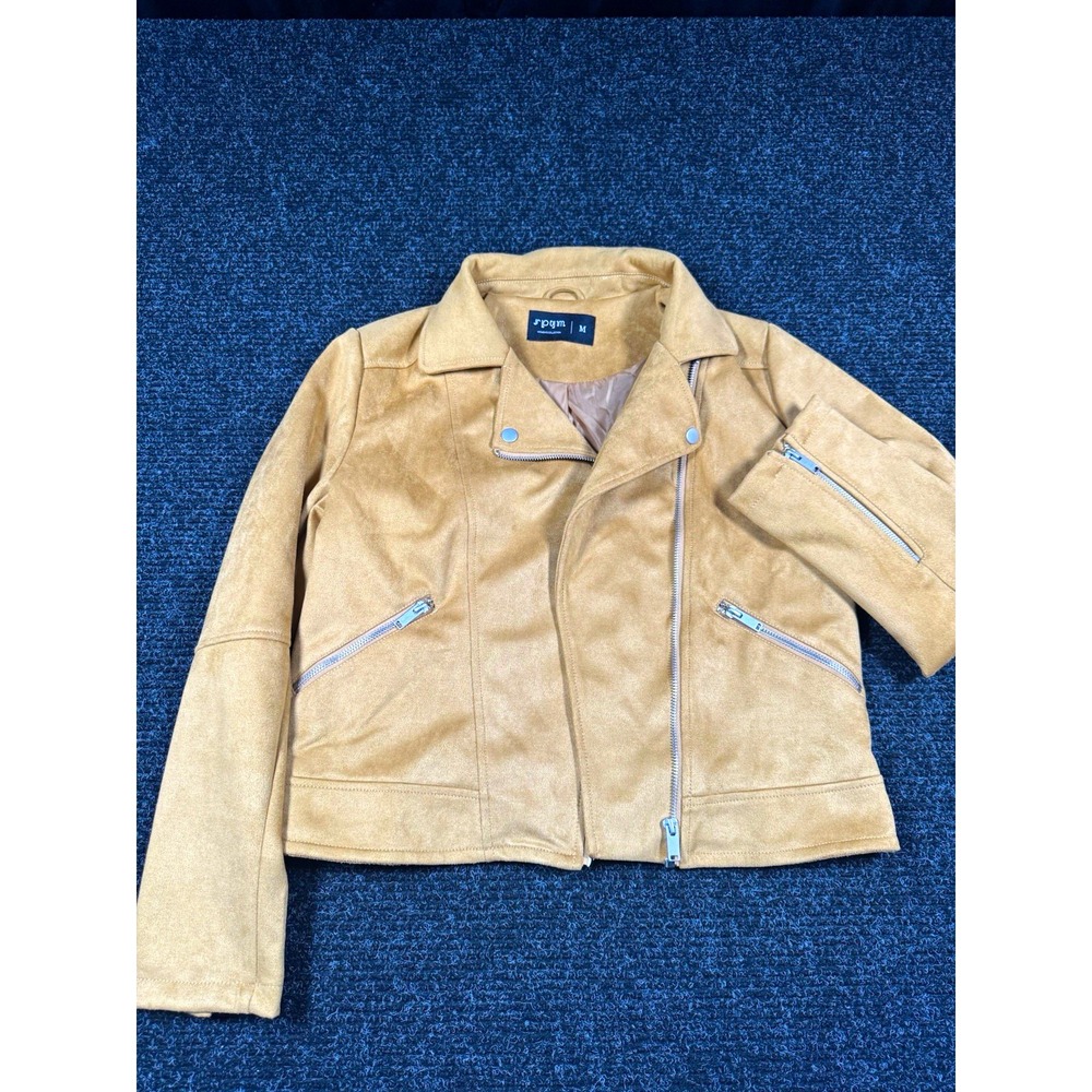 SPYM Womens M Tan Faux Suede Moto Biker Jacket Zip Motorcycle Cropped
